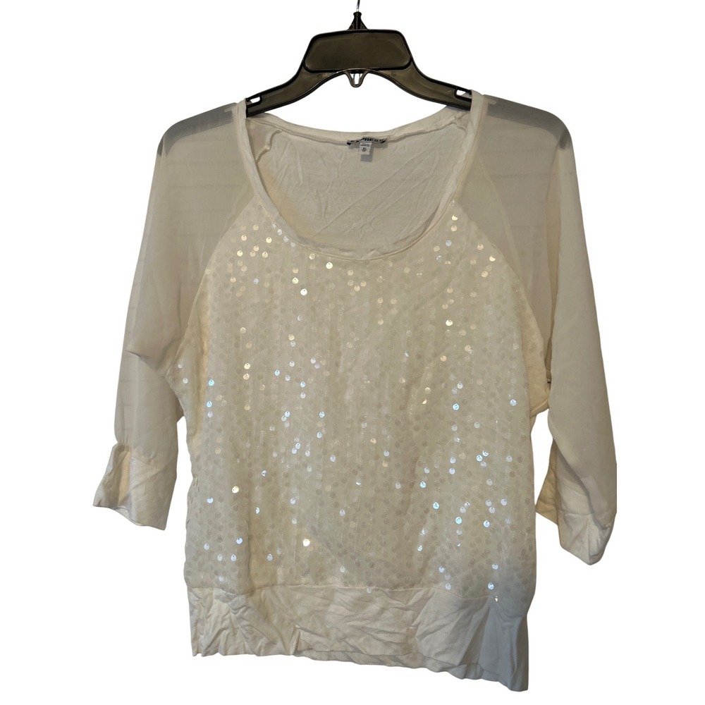 Express White Sequin Embellished Sheer Sleeve Top Women's XS